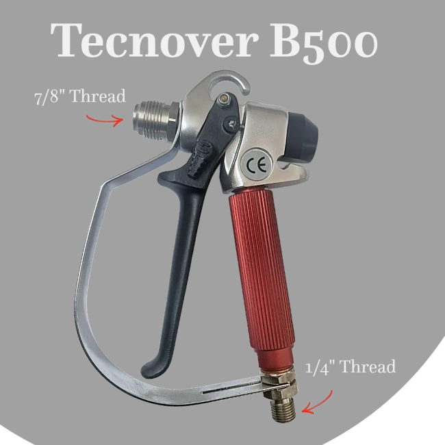 Tecnover B500 airless spray gun schematic showing 7/8 inch and 1/4 inch thread connections
