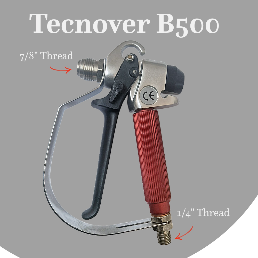 Tecnover B500 Airless Spray Gun - Thread Specifications Tecnover B500 airless spray gun schematic showing 7/8 inch and 1/4 inch thread connections